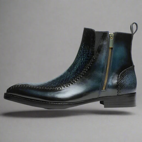 Blue Leather And Blue Croc Draven Zipper Boots - Boots