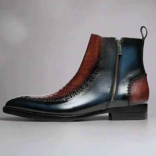 Blue Leather And Brown Croc Draven Zipper Boots - Boots