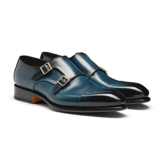 Blue Leather Woodford Balmoral Double Monk Strap Toe Cap Oxfords - Formal Shoes - Monk Shoes