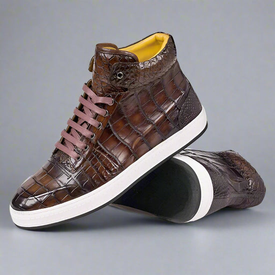 Brown Alligator Leather High Top Lace Up Sneakers With White Sole - Sneaker Shoes