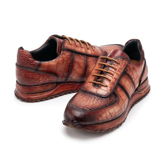 Brown Alligator Low Top Lace Up Running Chunky Trainer Sneakers With White Sole - Sneaker Shoes