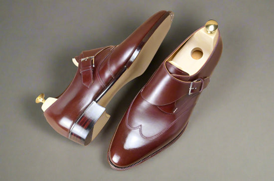 Brown Burgundy Leather Single Monk Straps Wingtip Shoes - Monk Shoes