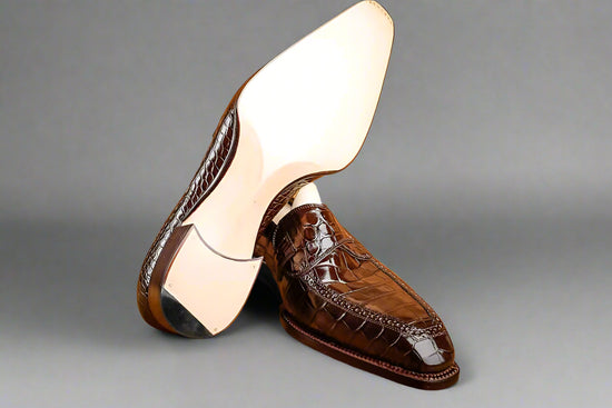 Brown Croc Leather Bespoke Hunter lbiza Slip On Cross Component Loafers - Loafers Shoes