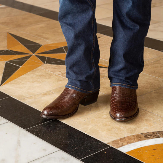 Brown Croc Print Leather Hargrave Slip On Zipper Western Cowboy Boots - Boots