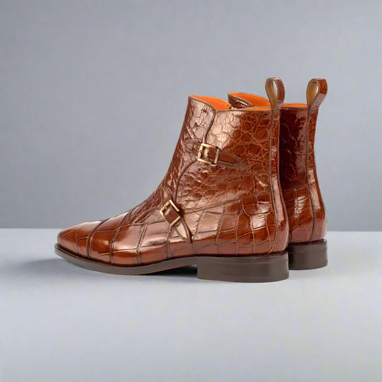 Brown Crocodile Print Italian Leather Campinas Slip On Zipper Boots - Alligator Print - Boots