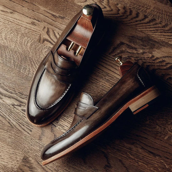 Brown Hand Painted Leather Jaen Penny Loafers - Loafers Shoes