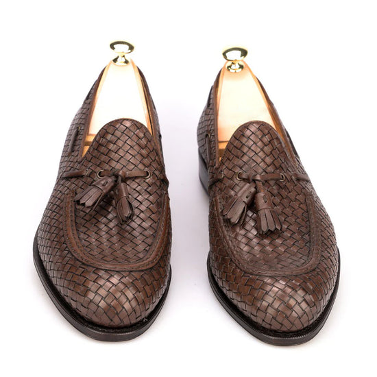 Brown Hand Woven Braided Leather Acton Tassel Loafers - Loafers Shoes