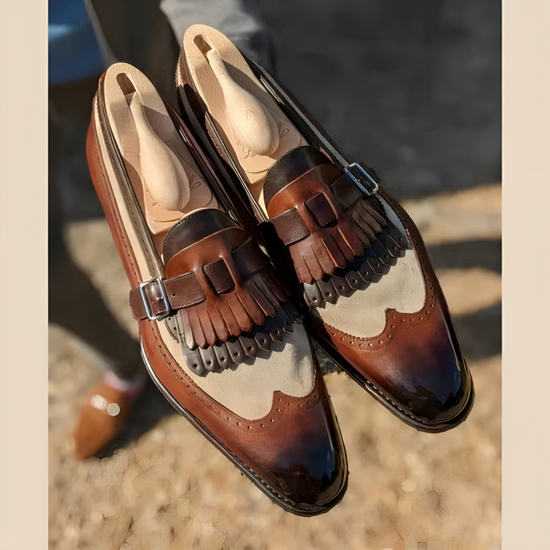 Brown Italian Leather And Beige Libraria Tassel Loafers With Monk Strap - Loafers Shoes