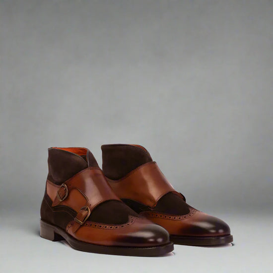 Brown Italian Leather Double Monkstrap Chukka Boots Shoes - Boots - Monk Shoes