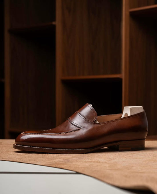 Brown Italian Leather Handcrafted Slip On Penny Loafers - Loafers