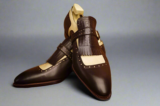 Brown Italian Leather Libraria Tassel Loafers With Monk Strap Shoes - Loafers Shoes