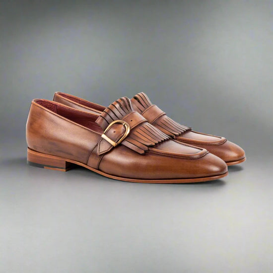 Brown Italian Leather Lysandra Tassel Loafers With Monk Strap - Loafers Shoes