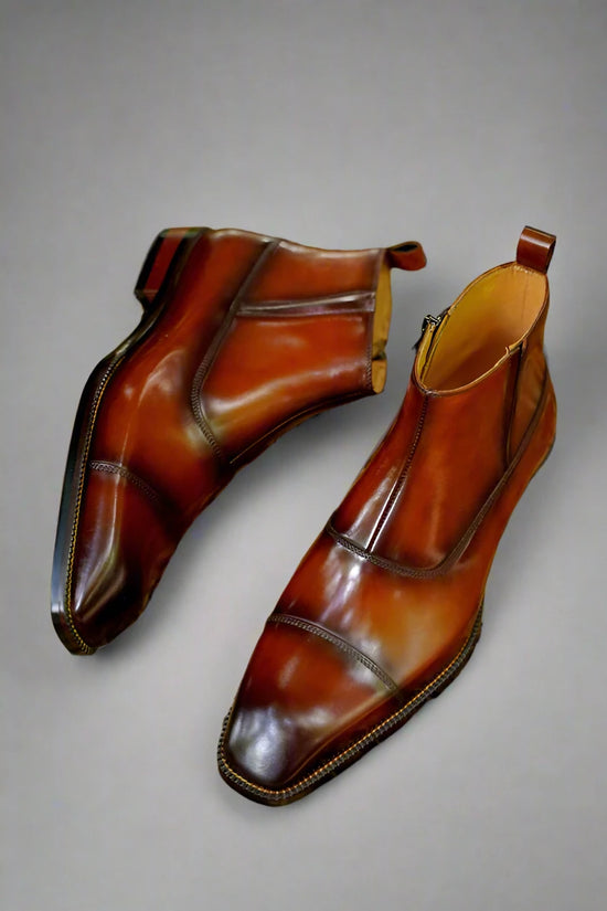 Brown Italian Leather Toe Cap Side-Zip Ankle Boots - Chelsea Boots