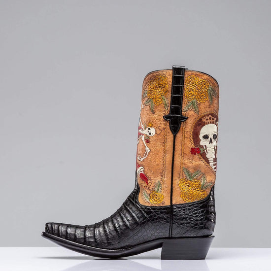 Brown Leather And Black Alligator Barstow Slip On Western Cowboy Boots With Dancing Skeleton - Cowboy Boots