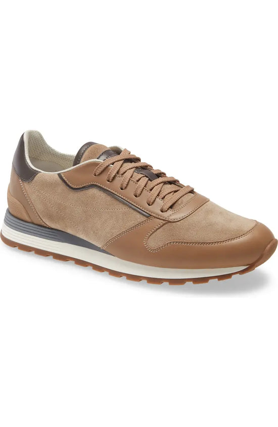 Brown Leather And Suede Leather Lace Up Running Sneaker Shoes - Sneaker Shoes