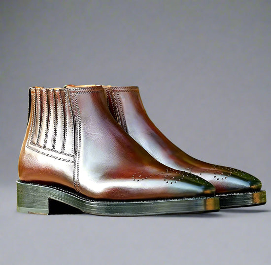 Brown Leather Gabrovo Chukka Midara Slip On Elasticated Boots With Brogue - Chukka Boots