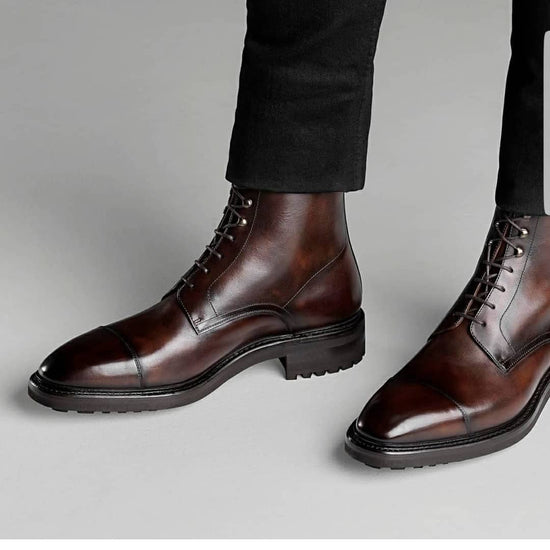 Brown Leather Likech Lace Up Combat Boots - BOOTS