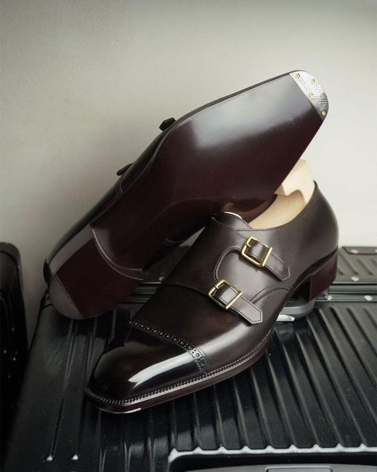 Brown Leather Lysander Toe Cap Monk Straps - Formal Shoes