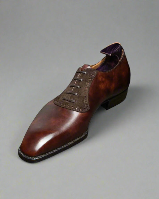 Brown Leather Patina And Suede Lysander Brogue Oxfords - Formal Shoes