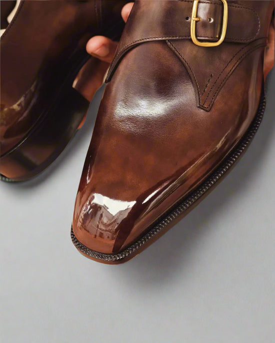 Brown Leather Single Monk Straps - Formal Shoes - Monk Shoes