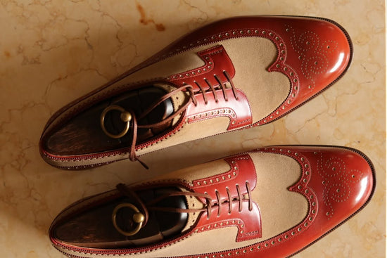 Brown Leather and Suede Cedara Brogue Wingtip Oxfords - Formal Shoes