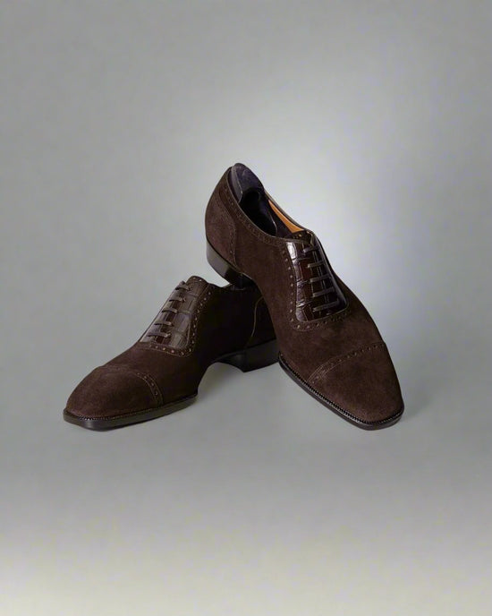 Brown Suede Leather Cedara Brogue Toe Cap Oxfords - Formal Shoes