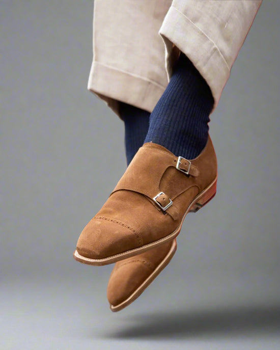 Brown Suede Leather Double Monkstrap Shoes - Formal Shoes