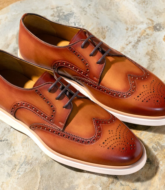 Brown Tan Leather Wingtip Formal Shoes With Sneaker Sole - Formal Shoes