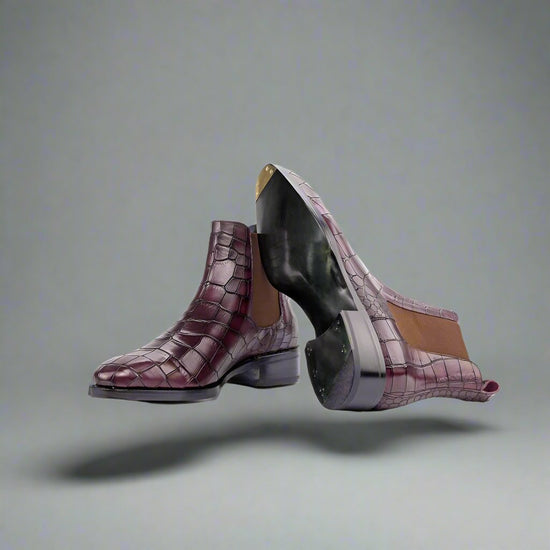 Burgundy Croc Print Leather Amarante Slip On Boots - Boots
