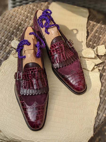 Burgundy Italian Alligator Leather Libraria Tassel Loafers With Monk Strap - Loafers Shoes
