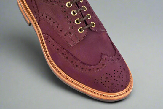Burgundy Italian Nubuck Leather Brogue Wingtip Round Toe Goodyear Welted Oxfords - Formal Shoes