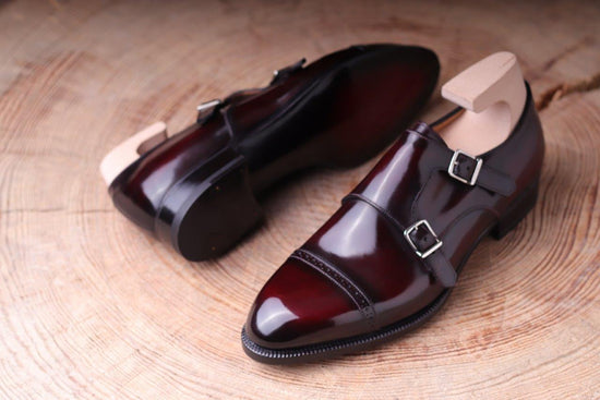 Burgundy Leather Braga Double Monk Straps - Monk Shoes