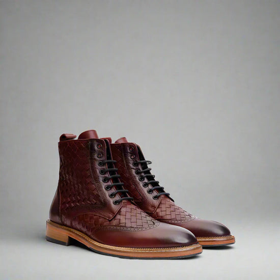 Burgundy Leather Braided Barletta Lace Up Brogue Wingtip Oxford Boots - Boots
