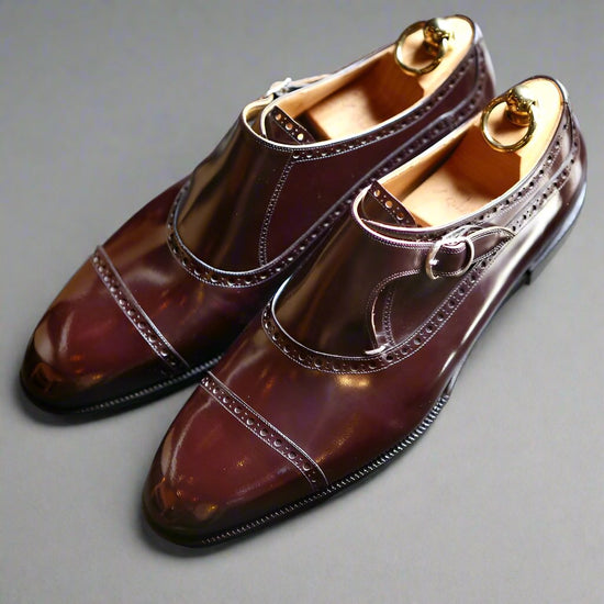 Burgundy Leather Caranavi Brogue Wingtip Toe Cap Monk Strap Shoes - Dress Shoes