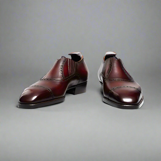 Burgundy Leather Midara Slip On Elasticated Loafers With Toe Cap - Formal Shoes