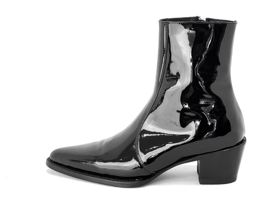 Black Patent Leather Slip On Chelsea With Zipper Pointed Boots - Boots