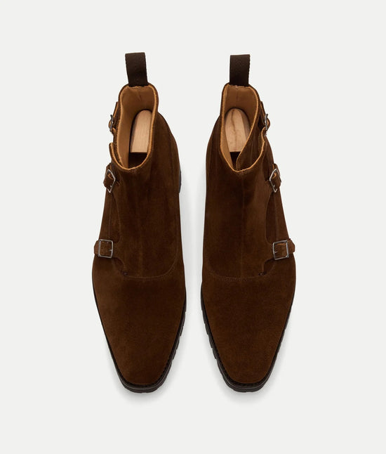 Chocolate Suede Calf Leather Boots Triple Monk strap Chelsea Boots Shoes With with Chunky Track Sole - Boots - Monk Shoes