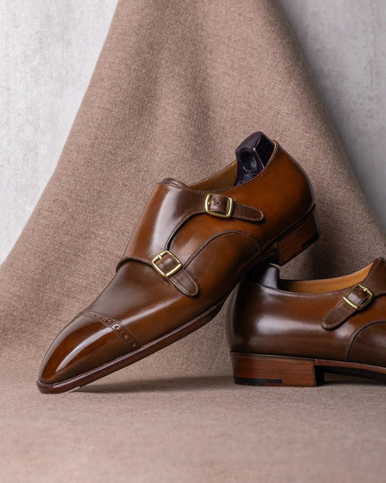 Classic Brown Leather Toe Cap Monk Straps - Formal Shoes - Monk Shoes