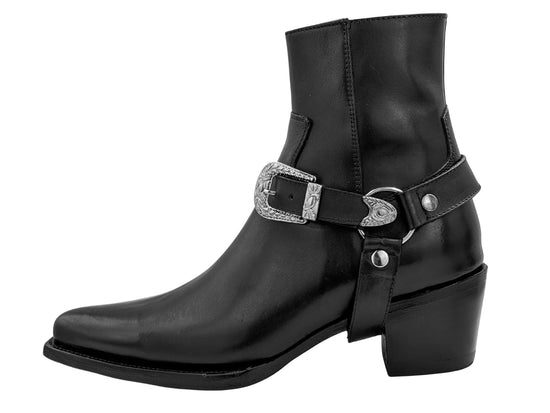 Black Leather Slip On Harness Chelsea With Zipper Pointed Boots - Boots