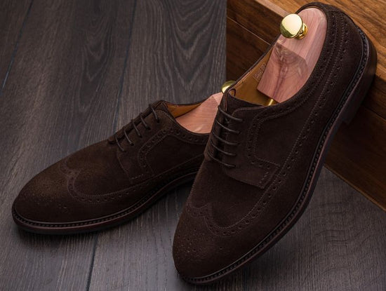 Dark Brown Italian Suede Leather Brogue Wingtip Round Toe Goodyear Welted Oxfords - Formal Shoes