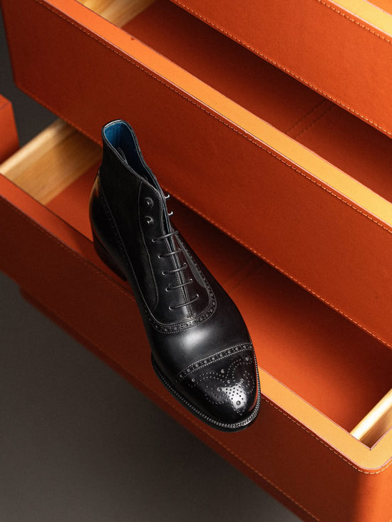 Black Leather And Black Suede Leather Barletta Lace Up Brogue Toe Cap Oxford Boot - Boots