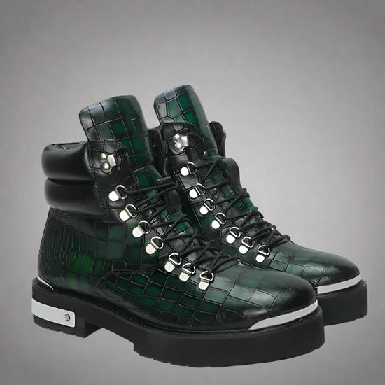 GREEN CROC LEATHER LACE UP BOOTS WITH METAL PLATES - CHELSEA BOOTS