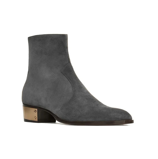 Gray suede ankle boot on a white background