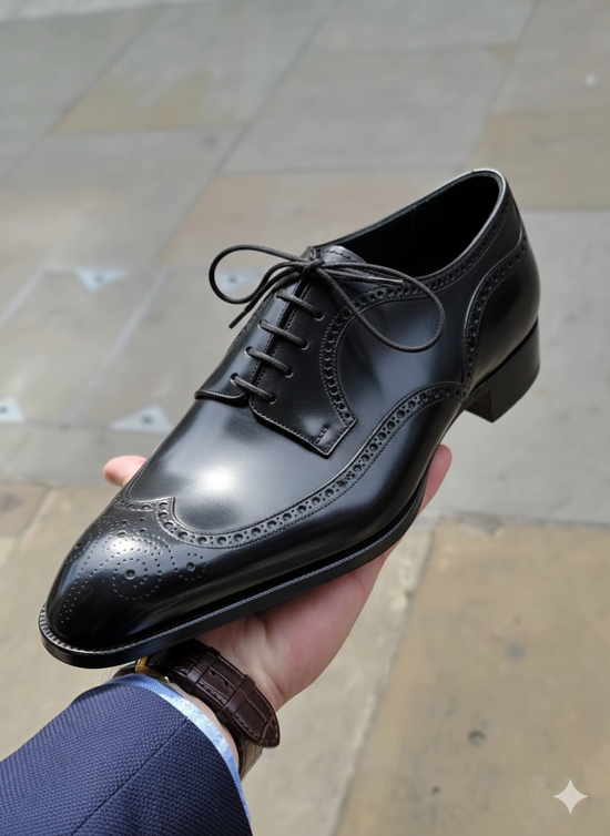 Italian Black Leather Wingtip Modena Lace Up Formals With Fiddle Back Sole - Formals Shoes