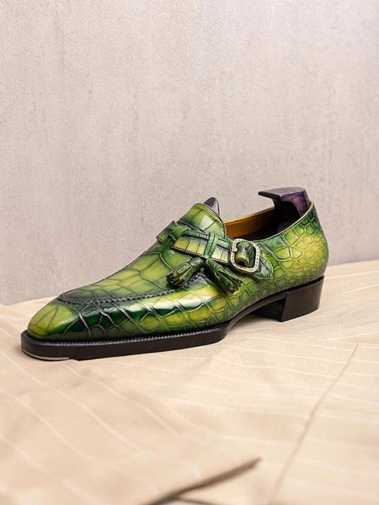 Green Alligator Italian Leather Monkstrap Shoes - Formal shoes - Monk Shoes