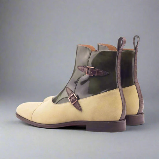 Green Italian Leather Campinas Slip On Zipper Boots With Beige Suede Leather Patina - Boots