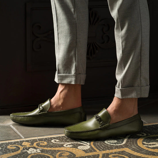 Green Italian Leather Easy Loafers - Loafers Shoes