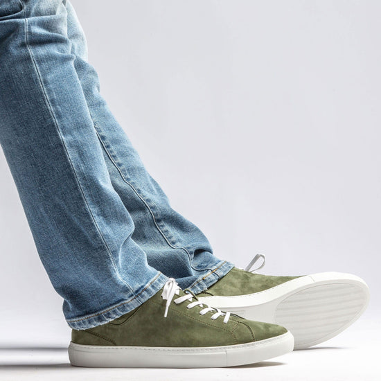 Green Italian Suede Leather Low Top Lace Up Sneakers with White Sole - Sneaker Shoes