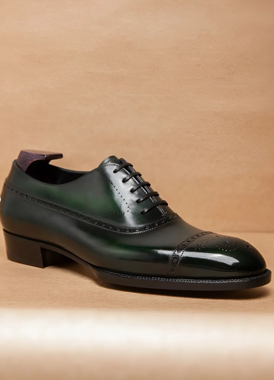 Green Leather Isolde Brogue Toe Cap Oxfords - Formal Shoes