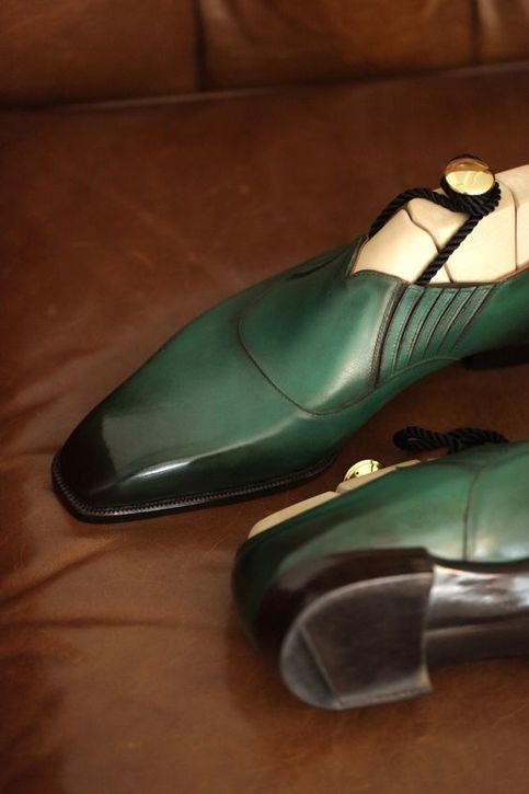 Green Leather Midara Slip On Elasticated Loafers With Brogue - Formal Shoes